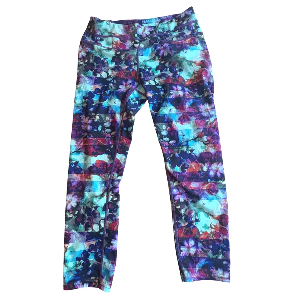 ATHLETA Small Floral Fade Sonar Capri Stripe Crop Performance Leggings Colorful
